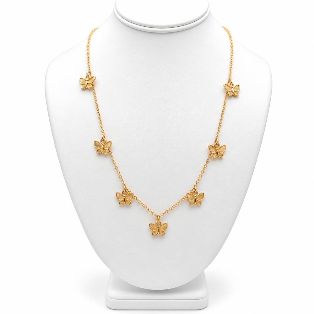 Gold Tone Butterfly Charm Chain Necklace Textured Dainty Layering Style 27 Inch